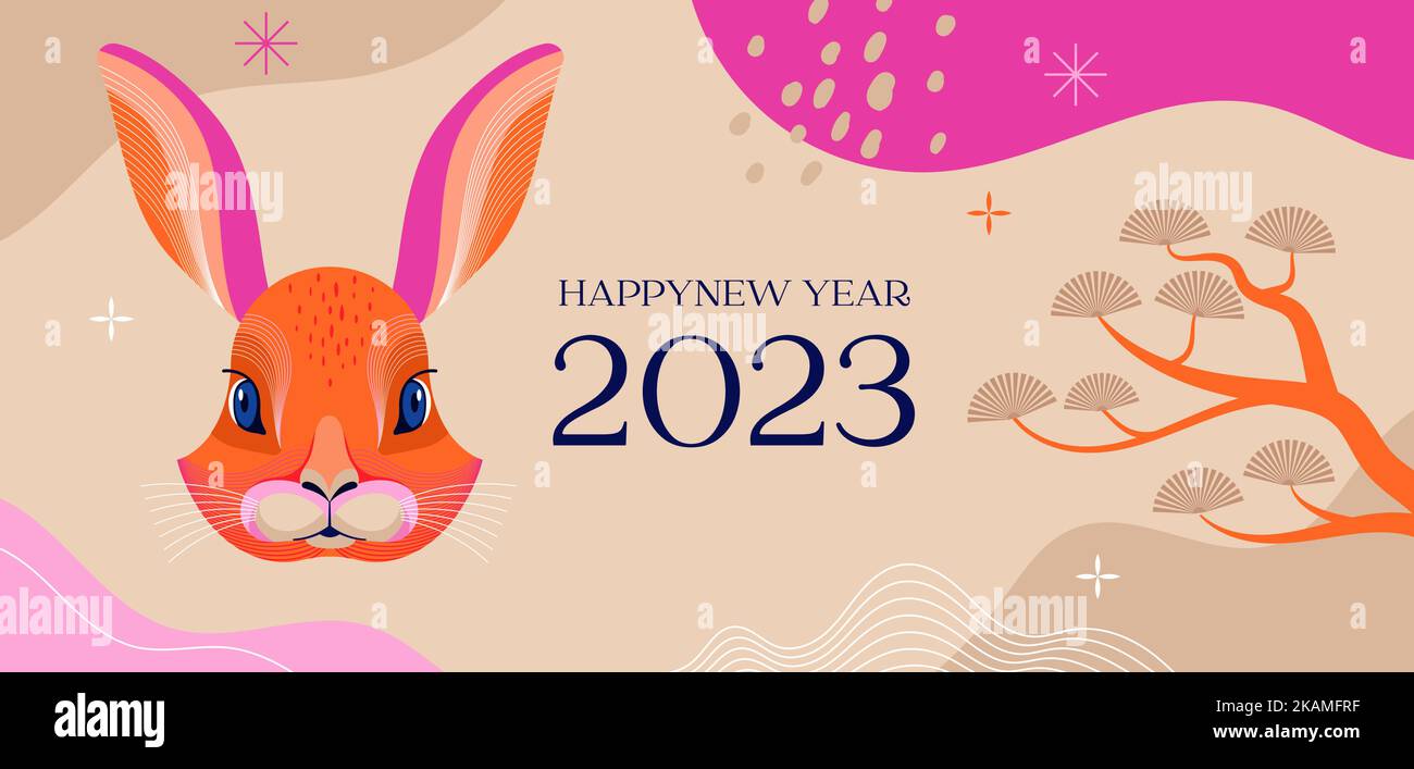 Chinesisches Neujahr 2023 Jahr des Kaninchens - traditionelle chinesische Designs mit Kaninchen, Hasen. Lunar New Year Konzept, modernes Design. Übersetzung Stock Vektor