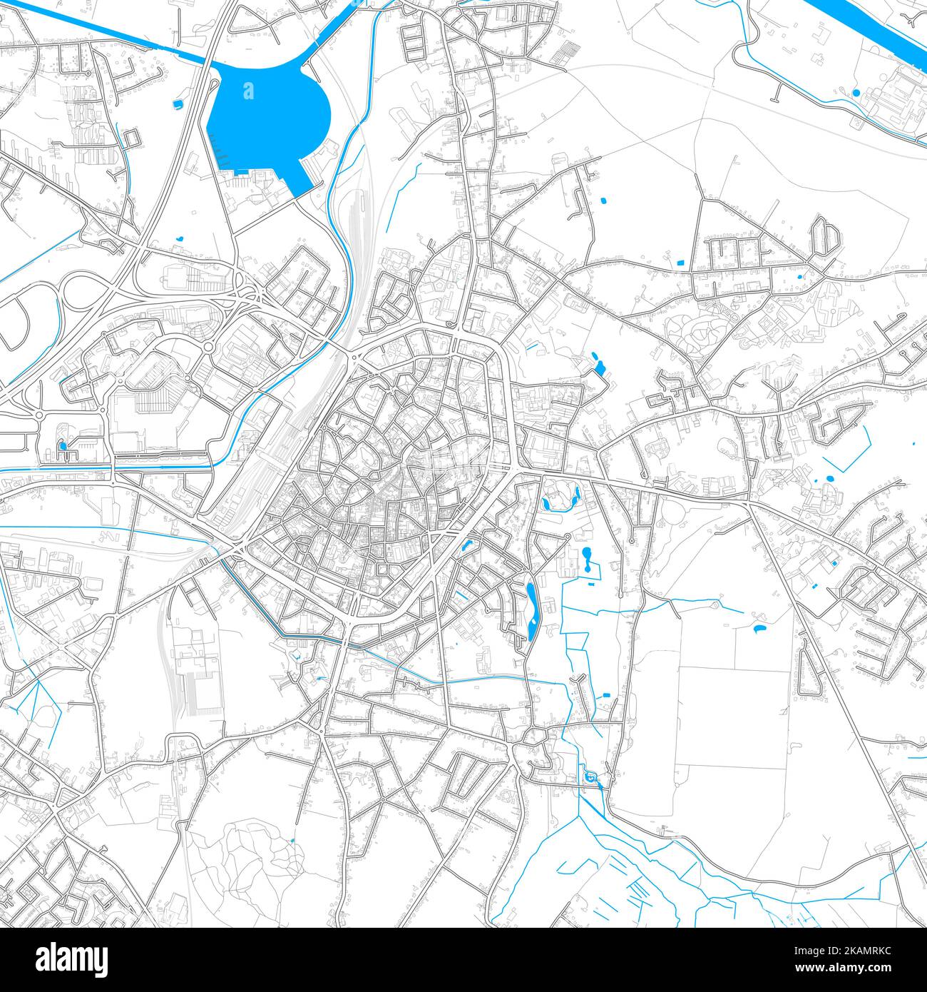 Mons, Hennegau, Belgien hochauflösende Vektorkarte mit editierbaren Pfaden. Helle Umrisse für Hauptstraßen. Verwenden Sie es für jeden gedruckten und digitalen Hintergrund. Stock Vektor