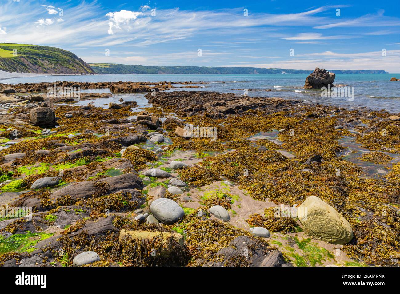 Landschaftlich schöner Meerblick auf Greencliff Beach, mit freiliegenden Felsen, Felsenpools und Meerblick in Richtung Clovelly & Hartland Point bei Low Tide: Greencliff, Stockfoto Landschaftlich schöner Meerblick auf Greencliff Beach, mit freiliegenden Felsen, Felsenpools und Meerblick in Richtung Clovelly & Hartland Point bei Low Tide: Greencliff, Stockfoto