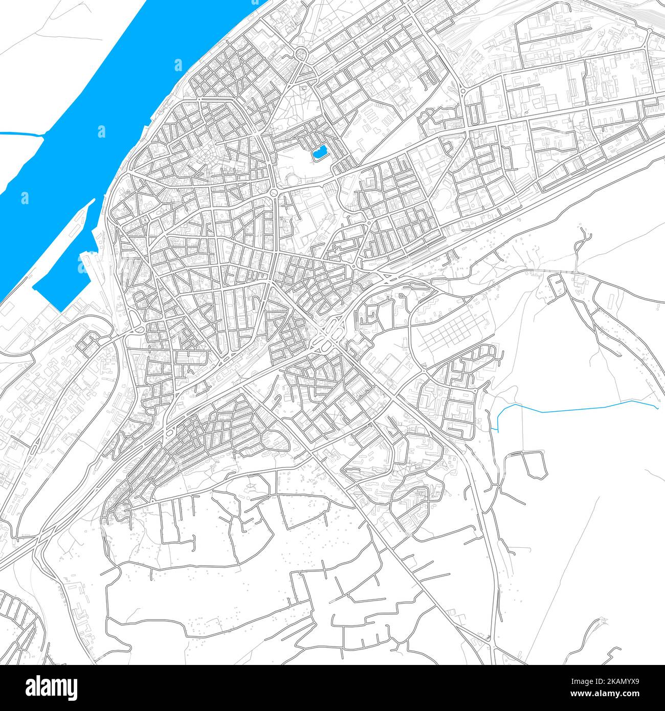 Ruse, Bulgarien hochauflösende Vektorkarte mit editierbaren Pfaden. Helle Umrisse für Hauptstraßen. Verwenden Sie es für jeden gedruckten und digitalen Hintergrund. Blauer Sha Stock Vektor