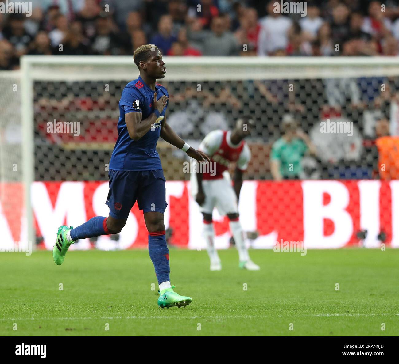 Der französische Mittelfeldspieler Paul Pogba von Manchester United feiert den Torstand während des UEFA Europa League-Finalspiels Ajax Amsterdam gegen Manchester United am 24. Mai 2017 in der Friends Arena in Solna bei Stockholm. (Foto von Raddad Jebarah/NurPhoto) *** Bitte nutzen Sie die Gutschrift aus dem Kreditfeld *** Stockfoto