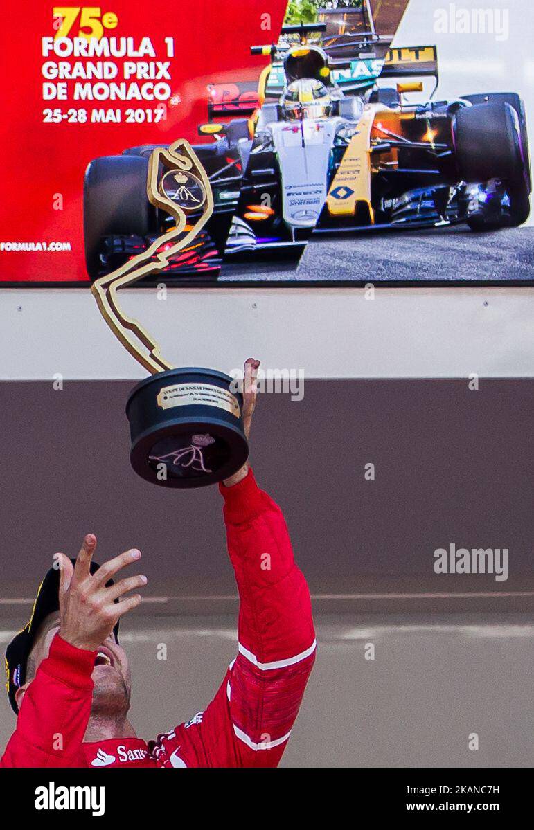 Sebastian Vettels Freude über den Sieg beim Formel-1-Grand-Prix von Monaco am 28. Mai 2017 in Monte Carlo, Monaco. (Foto von Robert Szaniszló/NurPhoto) *** Bitte nutzen Sie die Gutschrift aus dem Kreditfeld *** Stockfoto