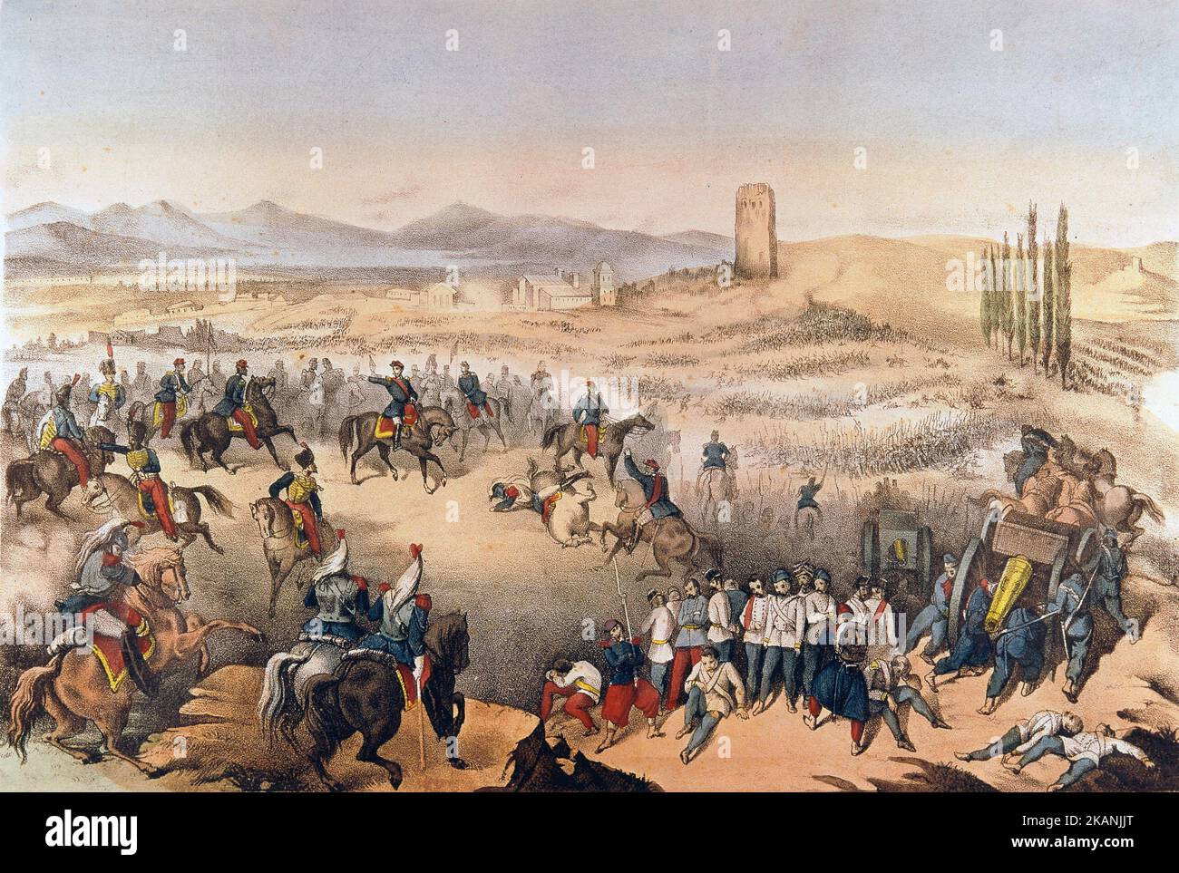 La bataille de Solferino (Italie) contre les Autrichiens en 1859. Estampe populaire du 19eme siecle. Stockfoto