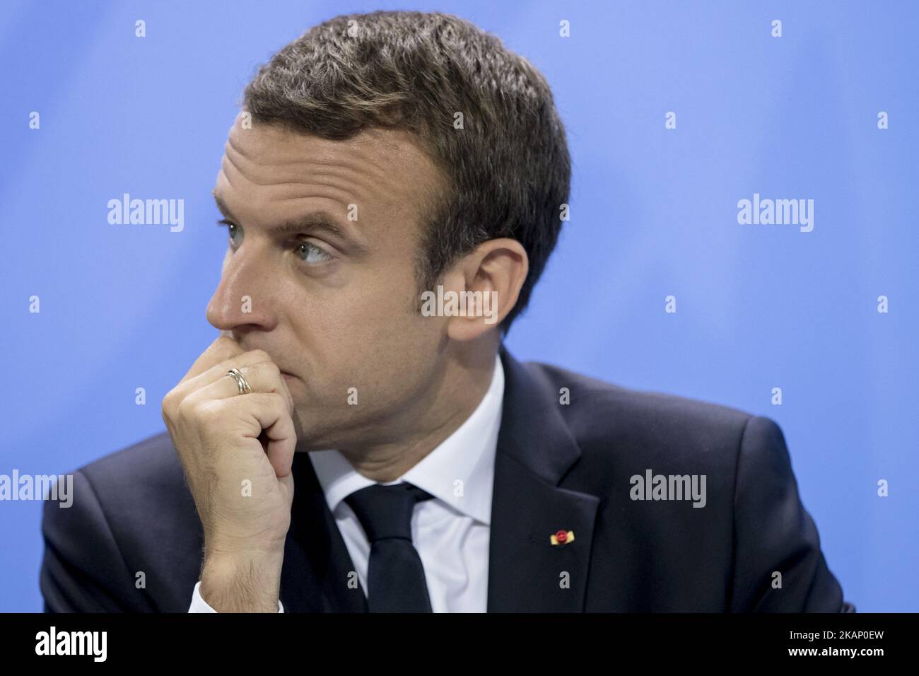 Der französische Präsident Emmanuel Macron wird am 29. Juni 2017 bei einer Pressekonferenz im Bundeskanzleramt in Berlin abgebildet. Bundeskanzlerin Merkel trifft heute die europäischen Staats- und Regierungschefs der G20 vor den G20, die am 7. Und 8. Juli 2017 in Hamburg sein werden. (Foto von Emmanuele Contini/NurPhoto) *** Bitte benutzen Sie die Gutschrift aus dem Kreditfeld *** Stockfoto