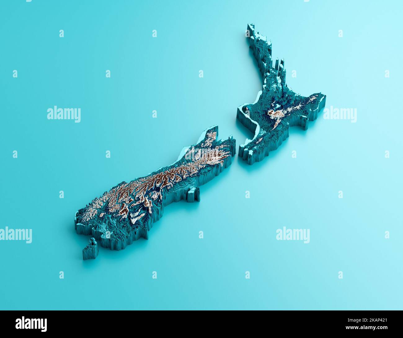 Topographische Karte von Neuseeland Hypsometric Elevation Tint spektrale schattierte Reliefkarte 3D Illustration Stockfoto