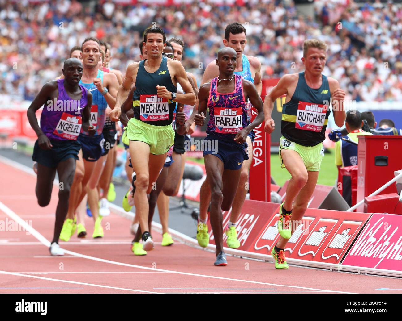 L-R Frank Ngelel (KEN),Adel Mechaal (ESP).Mo Farah (GBR) und Andrew Butchart (GBR) Männer-3000m-Rennen während der Muller Anniversary Games am 09. Juli 2017 im Londoner Stadion (Foto von Kieran Galvin/NurPhoto) *** Bitte nutzen Sie die Gutschrift aus dem Credit Field *** Stockfoto