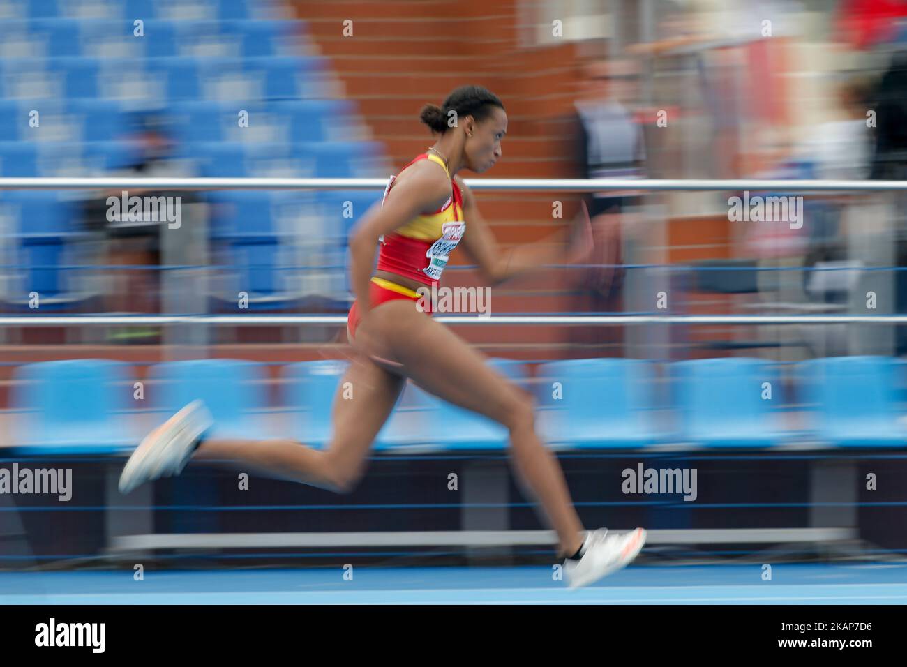 Eine Teilnehmerin ist beim Dreifachsprung der Frauen am 14. Juli 2017 in Bydgoszcz, Polen, während der IAAF-Europameisterschaft U23 zu sehen. (Foto von Jaap Arriens/NurPhoto) *** Bitte benutzen Sie die Gutschrift aus dem Kreditfeld *** Stockfoto