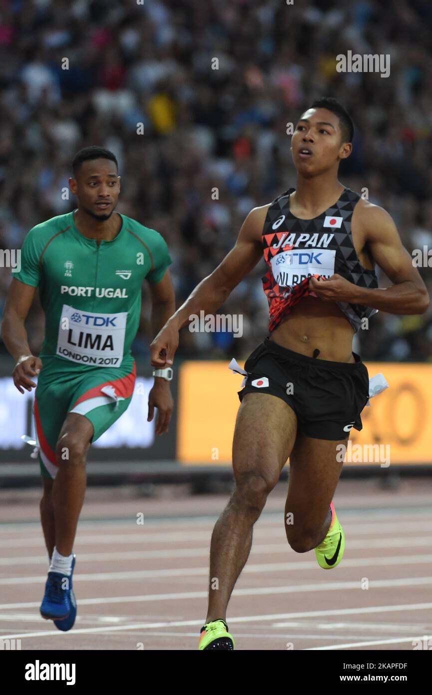 Abdul Hakim SANI BROWN, Japan, und David LIMA, Portugal, während der ersten 100-Meter-Runde im Londoner Stadion am 4. August 2017 bei der Leichtathletik-Weltmeisterschaft 2017. (Foto von Ulrik Pedersen/NurPhoto) *** Bitte nutzen Sie die Gutschrift aus dem Kreditfeld *** Stockfoto