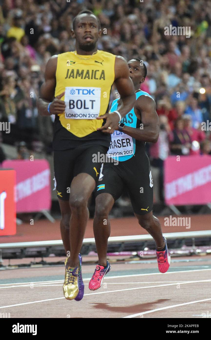 Usain BOLT, Jamaika, während der ersten 100-Meter-Runde im London Stadium in London am 4. August 2017 bei der Leichtathletik-Weltmeisterschaft 2017. (Foto von Ulrik Pedersen/NurPhoto) *** Bitte nutzen Sie die Gutschrift aus dem Kreditfeld *** Stockfoto