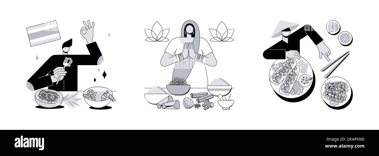 Oriental Cuisine abstraktes Konzept Vektor Illustration Set. Thailändische, indische und vietnamesische Küche, würziger Geschmack, asiatisches Rezept, hausgemachtes, vegetarisches Menü, Frühlingsrolle, abstrakte Nudelmetapher. Stock Vektor