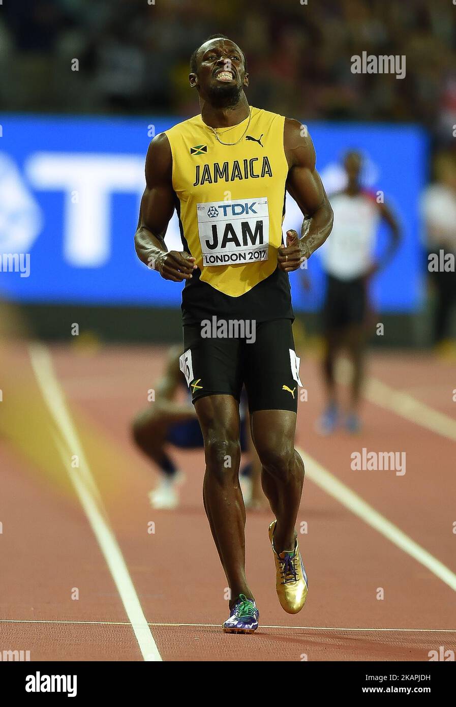 Usain Bolt aus Jamaika, tritt am 12. August 2017 bei der Leichtathletik-Weltmeisterschaft 2017 in London, Großbritannien, bei seinem letzten Rennen im 4-mal-100-Meter-Finale an. (Foto von Ulrik Pedersen/NurPhoto) *** Bitte nutzen Sie die Gutschrift aus dem Kreditfeld *** Stockfoto