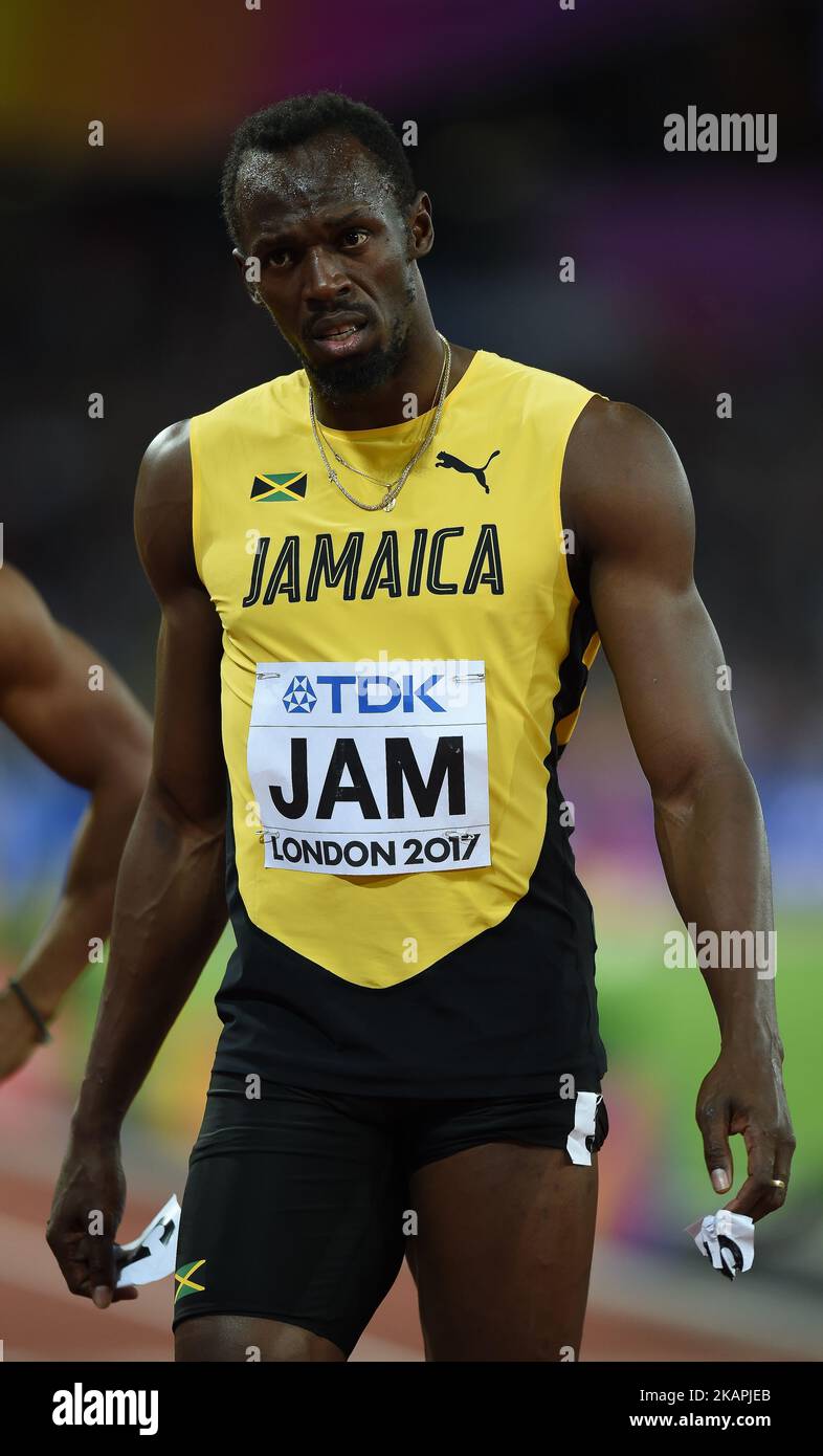 Usain Bolt aus Jamaika, tritt am 12. August 2017 bei der Leichtathletik-Weltmeisterschaft 2017 in London, Großbritannien, bei seinem letzten Rennen im 4-mal-100-Meter-Finale an. (Foto von Ulrik Pedersen/NurPhoto) *** Bitte nutzen Sie die Gutschrift aus dem Kreditfeld *** Stockfoto