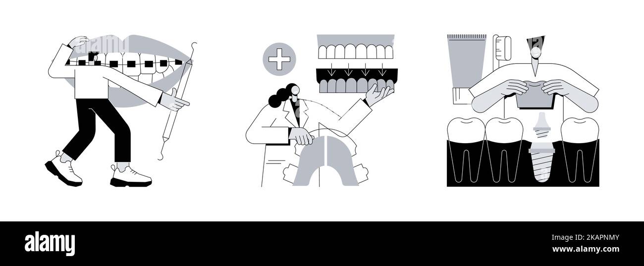 Kieferorthopädische Pflege Verfahren abstrakte Konzept Vektor Illustration Set. Zahnspangen und Zahnplatte, Zahnprothesen Implantate, Kids Brackets, Zahnersatz, kosmetische Zahnmedizin abstrakte Metapher. Stock Vektor