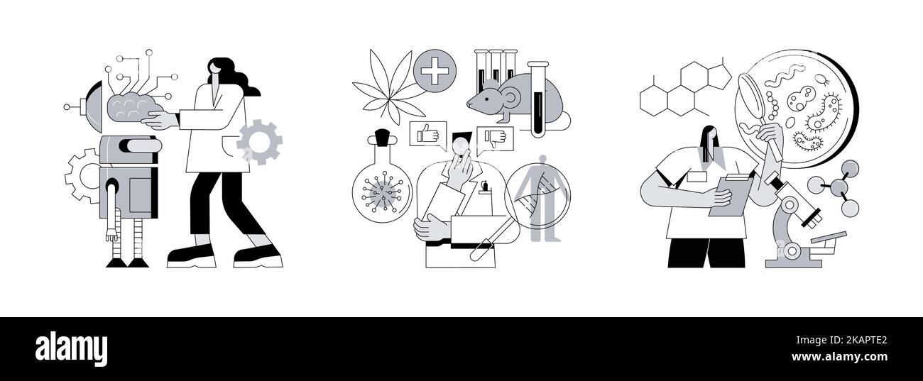 Biological Science Abstract Concept Vector Illustration Set. Kybernetik und Bioethik, mikrobiologische Technologie, Roboterindustrie, medizinische Ethik und Biotech-Forschung, abstrakte Metapher im Labor. Stock Vektor