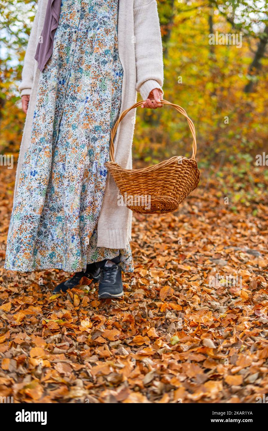 Eine Frau in einem Kleid mit Pflanzen- und Blumenmuster erntet im Herbst  auf einem Pfad, der mit Blättern bedeckt ist, mit einem Korb aus Korb mit  Griff Stockfotografie - Alamy