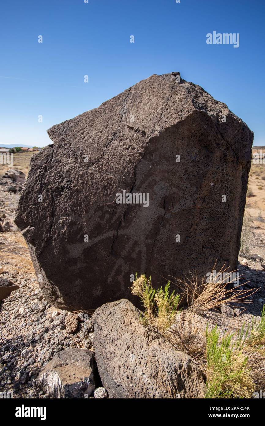 Eine vertikale Aufnahme einer alten Petroglyphe am Boca Negra Canyon in New Mexico Stockfoto