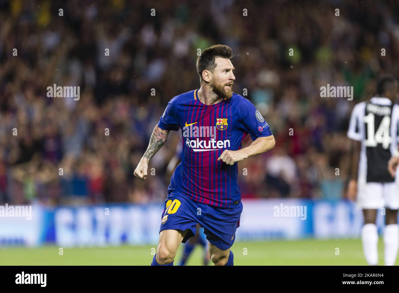 Lionel Messi feiert das Tor während des Spiels des FC Barcelona - Juventus, für die Gruppenphase, Runde 1 der Champions League, die am 12.. September 2017 im Camp Nou Stadium in Barcelona, Spanien, stattfand. (Foto von Urbanandsport/NurPhoto) Stockfoto