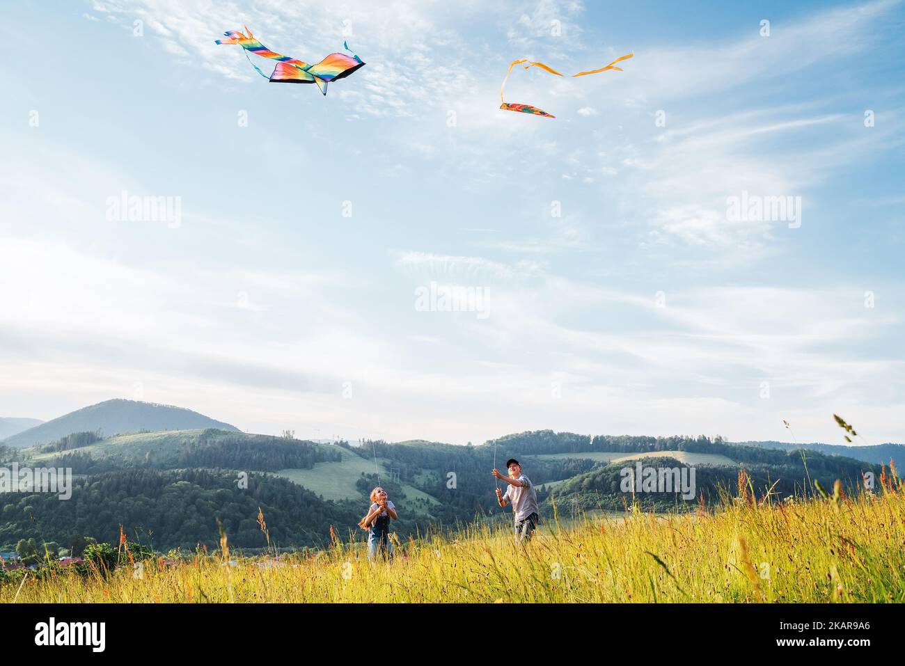 Lächelnde Kinder Schwester mit startenden Bruder mit bunten Drachen - beliebtes Outdoor-Spielzeug auf der hohen Grashügel Wiese. Glückliche Kindheitsmomente oder Outdoo Stockfoto