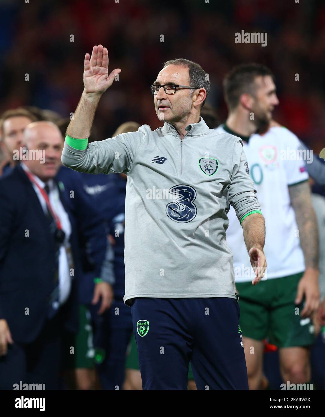 Martin O'Neill, Manager der Republik Irland, feiert am 9. Oktober 2017 im Cardiff City Stadium, Cardiff City Football Club in Wales, Großbritannien, während des WM-Qualifying-Spiels der Europäischen Gruppe D zwischen Wales und der Republik Irland. (Foto von Kieran Galvin/NurPhoto) Stockfoto