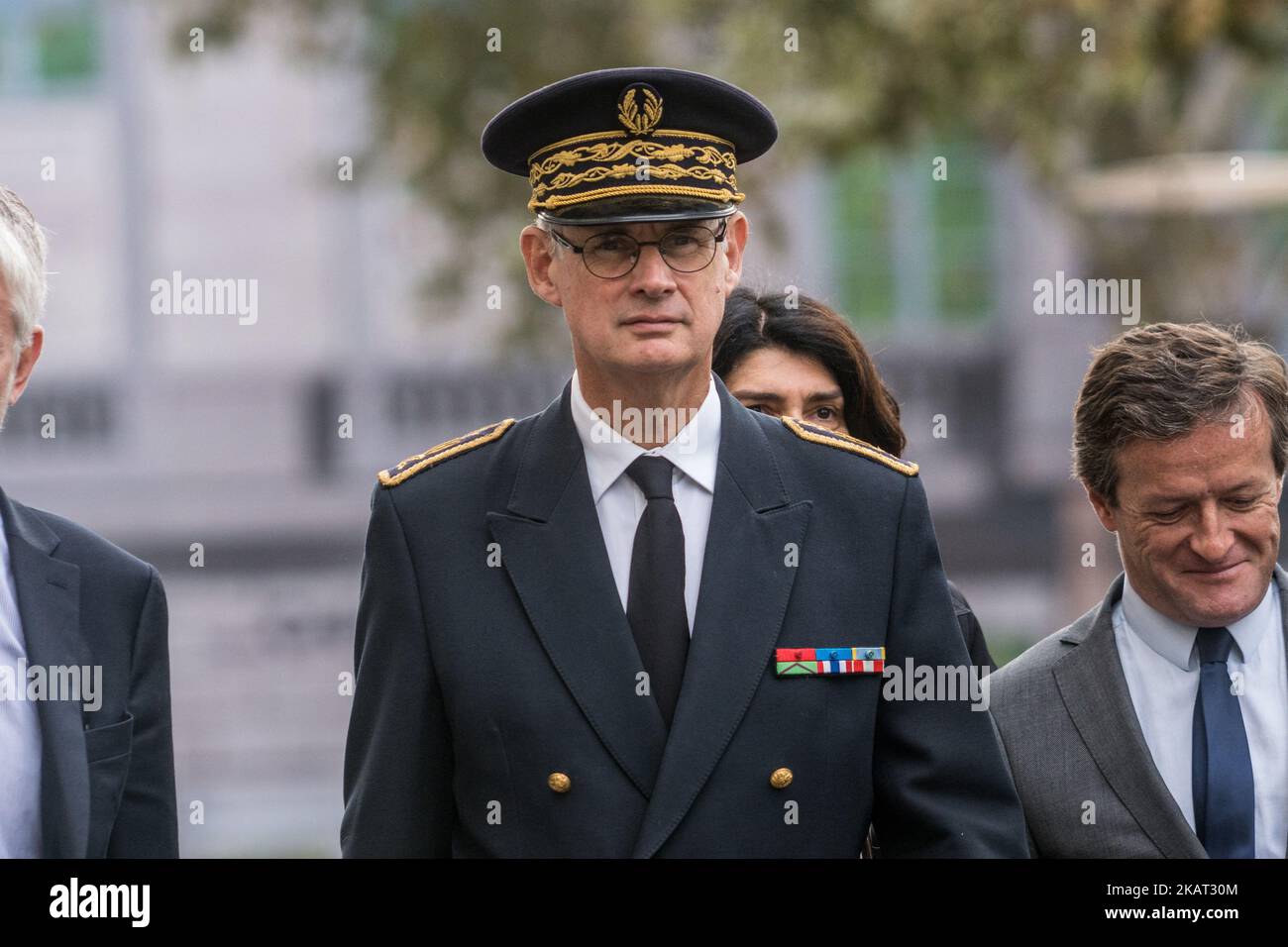 Der neu ernannte Präfekt der Auvergne-Rhone-Alpes Stephane Bouillon nimmt am 23. Oktober 2017 an einer Zeremonie für Kriegsopfer im Kriegsdenkmal auf der Ile du Souvenir in Lyon Teil, als er sein Amt antritt. (Foto von Nicolas Liponne/NurPhoto) Stockfoto