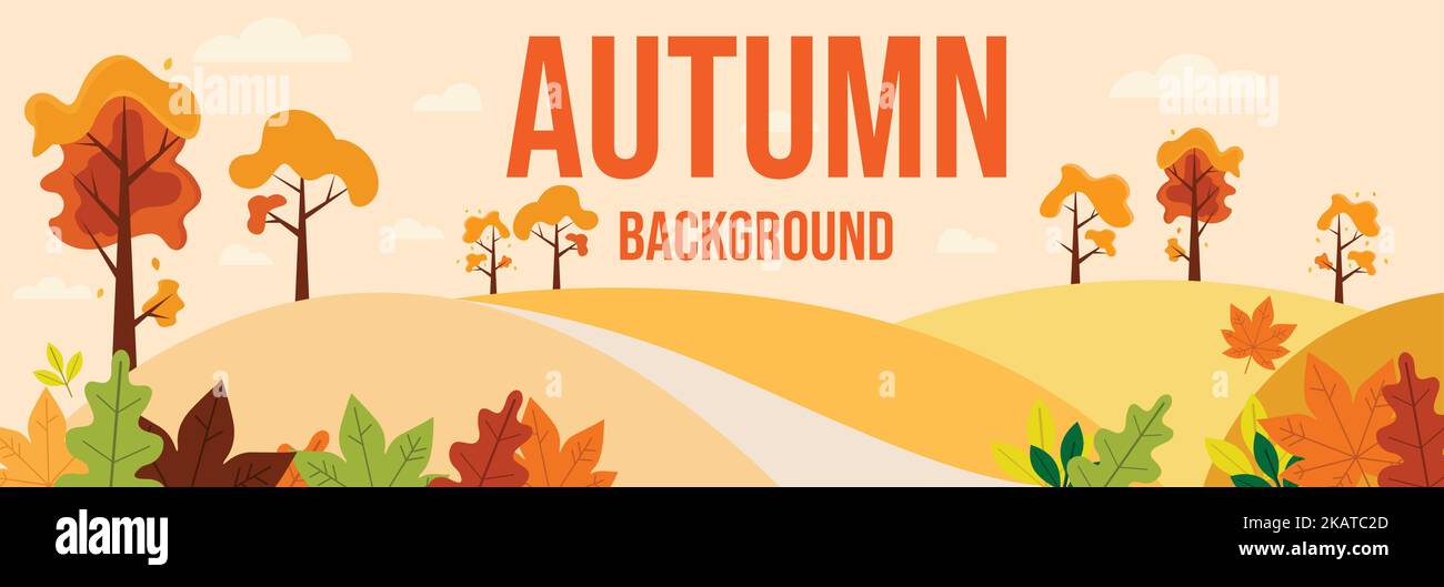 Herbst Hintergrund Design Vektor Bild. Herbstlandschaft im flachen Design. Herbstsaison Ahorn- und Eichenblätter mit Grußtext im Hintergrund des leeren Raums Stock Vektor