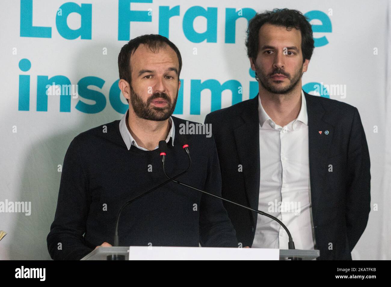 Manuel Bompard (L), Bastien Lachaud (R) während der Dritten Nationalen Konvention von La France Insoumise in Clermont Ferrand, Frankreich, 25. November 2017. (Foto von Nicolas Liponne/NurPhoto) Stockfoto