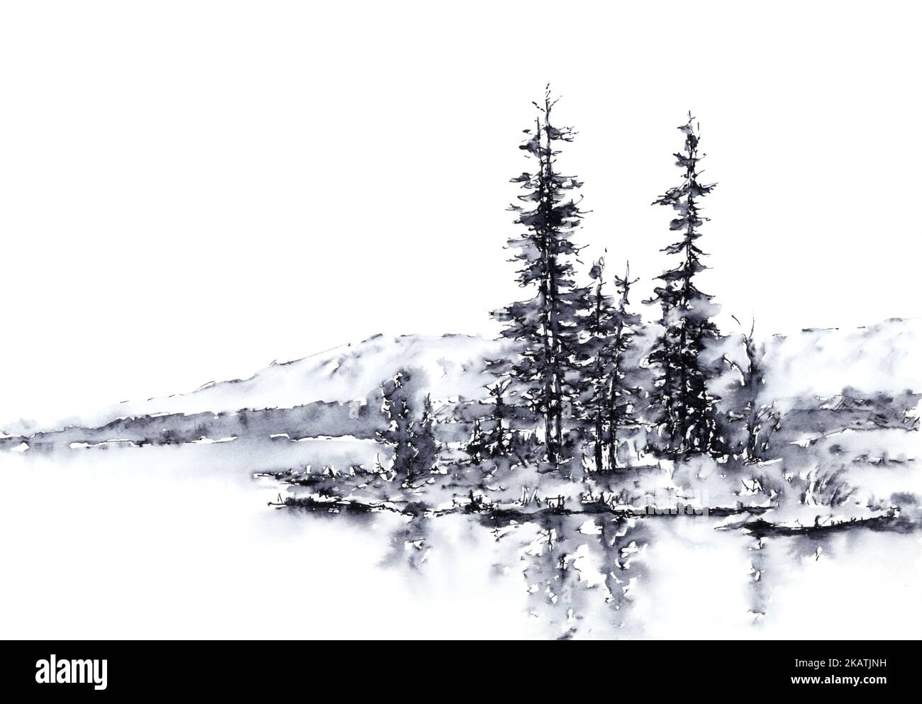 Landschaft mit See und Bäumen. Tinte auf Papier. Stockfoto