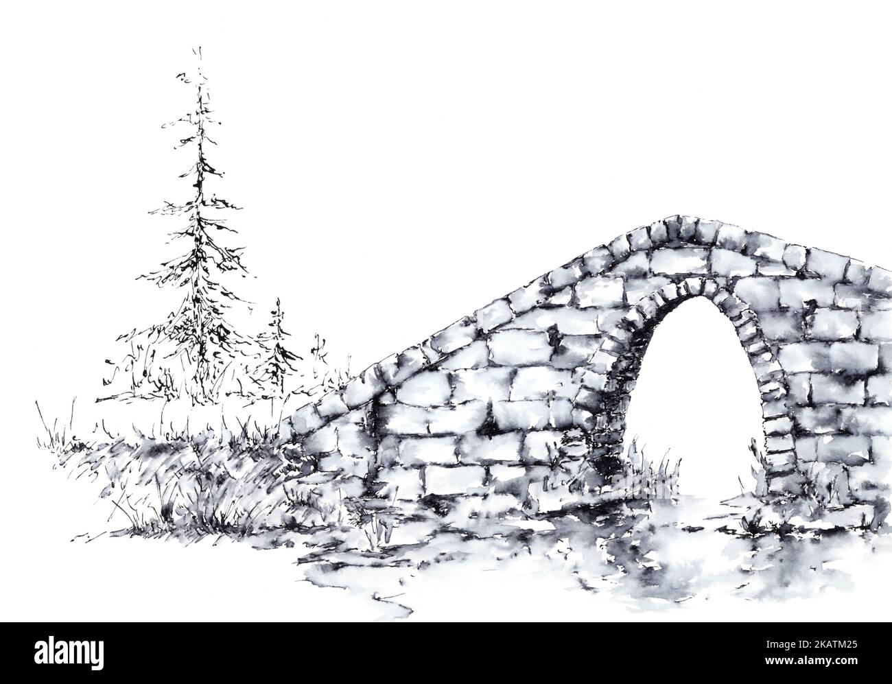 Landschaft mit Steinbrücke. Tinte auf Papier. Stockfoto
