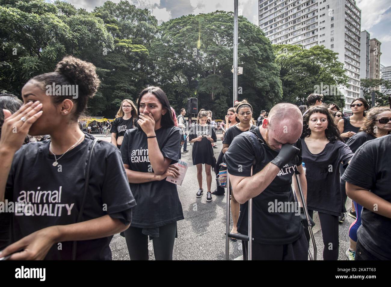 Jedes Jahr organisiert von der internationalen Tierrechtsorganisation Igualdad Animal (Animal Equality), Protestveranstaltung mit mehr als 400 Aktivisten und Verfechtern der Tierrechte, die am 11. Dezember 2017 in Sao Paulo, Brasilien, auf das Leid und die absichtliche Tötung von Tieren aufmerksam gemacht wurden, wurde schwarz gekleidet und mit Fotos von Tieren und anderen visuellen Hilfsmitteln versehen. (Foto von Cris FAGA/NurPhoto) Stockfoto