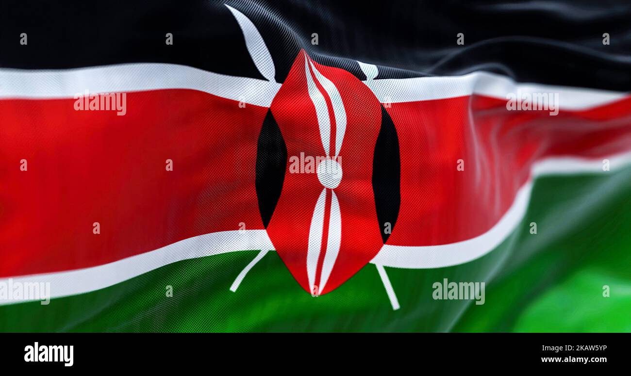 Nahaufnahme des Winkens der Nationalflagge Kenias. Die Republik Kenia ist ein ostafrikanischer Staat. Texturierter Hintergrund aus Stoff. Selektiver Fokus. 3D illustrat Stockfoto