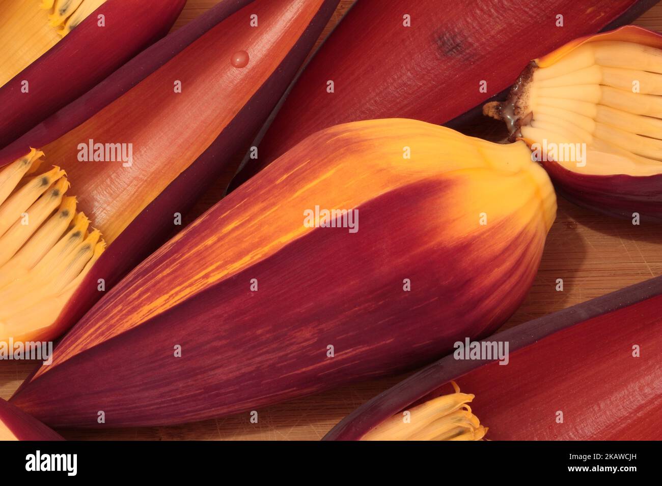 Bananenblüten, bekannt als Bananenherzen auf Holztisch Stockfoto