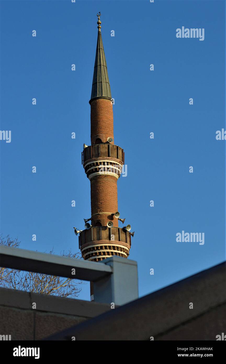 Das Minarett der Haci Bayram-i Veli Moschee ist am 11. Februar 2018 im historischen Stadtteil Ulus in Ankara, Türkei, abgebildet. (Foto von Altan Gocher/NurPhoto) Stockfoto