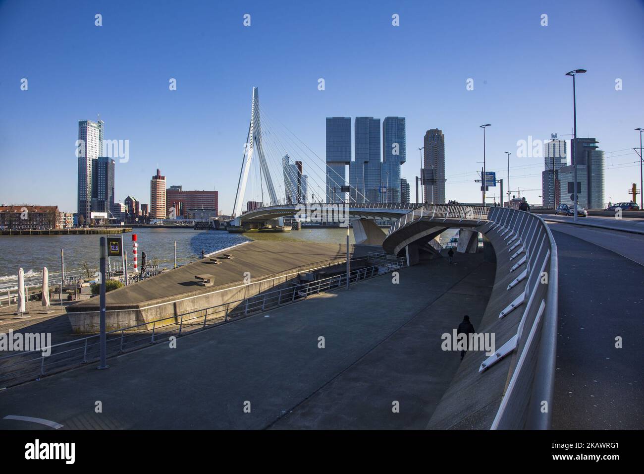 Erasmusbrug oder Erasmus-Brücke in Rotterdam, Niederlande am 25. Februar 2018. Die berühmte Kabelbrücke ist nach Desiderius Erasmus aus Rotterdam benannt. Die Brücke hat einen Spitznamen, genannt 'der Schwan'. Es wurde 1996 in Höhe von 165 Millionen Euro gebaut. Die Gesamtlänge der Brücke beträgt 802 Meter und ist 139m Meter hoch. Es ist die Bascule Brücke ist die größte und schwerste in West-Euroope. Heute ist ein Meilenstein für Rotterdam, die Niederlande und Europa, wo viele Veranstaltungen stattfinden und in vielen Filmen zu sehen sind. (Foto von Nicolas Economou/NurPhoto) Stockfoto