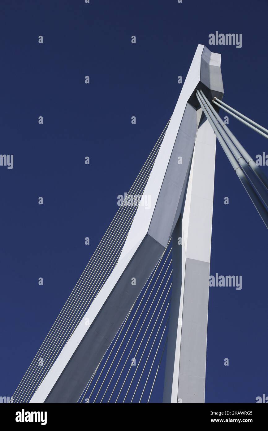 Erasmusbrug oder Erasmus-Brücke in Rotterdam, Niederlande am 25. Februar 2018. Die berühmte Kabelbrücke ist nach Desiderius Erasmus aus Rotterdam benannt. Die Brücke hat einen Spitznamen, genannt 'der Schwan'. Es wurde 1996 in Höhe von 165 Millionen Euro gebaut. Die Gesamtlänge der Brücke beträgt 802 Meter und ist 139m Meter hoch. Es ist die Bascule Brücke ist die größte und schwerste in West-Euroope. Heute ist ein Meilenstein für Rotterdam, die Niederlande und Europa, wo viele Veranstaltungen stattfinden und in vielen Filmen zu sehen sind. (Foto von Nicolas Economou/NurPhoto) Stockfoto