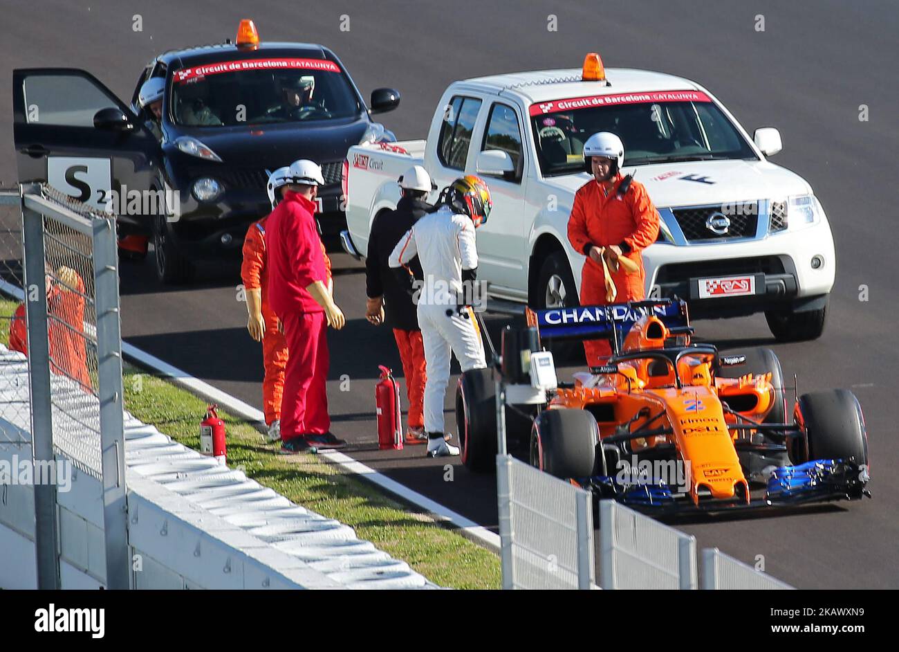 Der McLaren von Stoffel Vandoorne ereignete sich während der Formel-1-Tests auf dem Circuit Barcelona-Catalunya am 06.. März 2018 in Barcelona, Spanien. -- (Foto von Urbanandsport/NurPhoto) Stockfoto