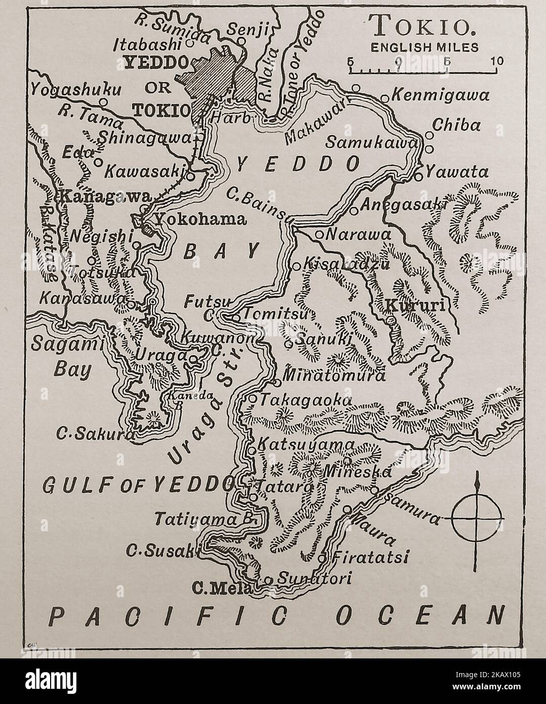 Eine Karte von Yeddo Bay und Tokio, Japan, Ende 19.century. --- 日本のイェド湾と東京の19世紀後半の地図。 Stockfoto