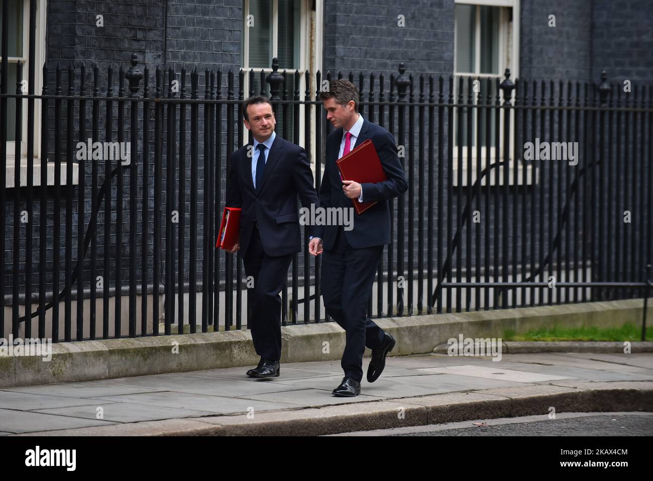 Am 13. März 2018 treffen der britische Außenminister von Wales, Alun Cairns (L), und der britische Verteidigungsminister Gavin Williamson in der Downing Street 10 im Zentrum von London ein, um an der wöchentlichen Sitzung des Kabinetts teilzunehmen. (Foto von Alberto Pezzali/NurPhoto) Stockfoto