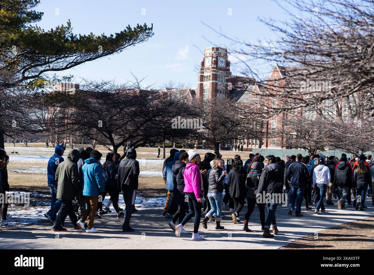 Studenten der Lane Technical High School in Chicago nehmen am 14. März 2018 an einem Streikzug Teil, um gegen Schusswechsel und Waffengewalt Stellung zu beziehen. Studenten in den USA nahmen einen Monat nach den Schüssen in Parkland, Florida, an dieser 17-minütigen Demonstration Teil. (Foto von Max Herman/NurPhoto) Stockfoto