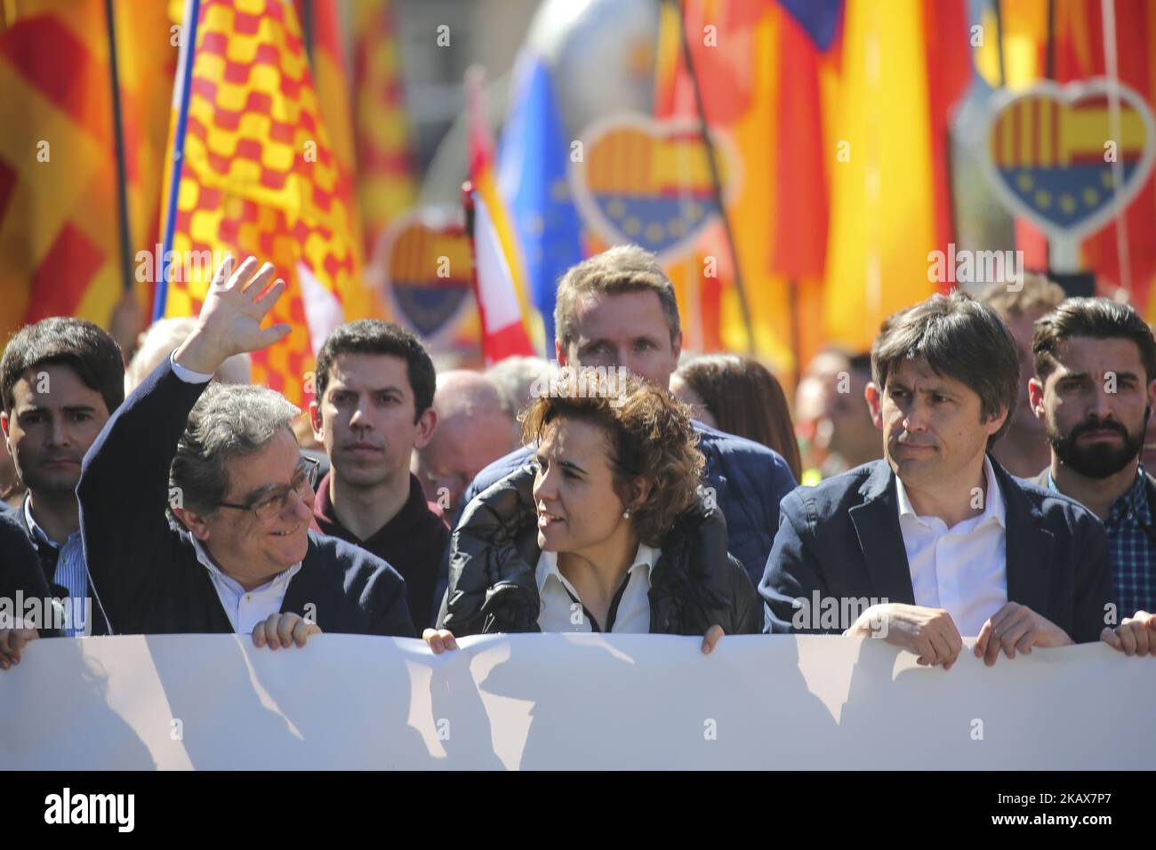 Enric Millo und Dolors Montserrat während der von der katalanischen Zivilgesellschaft organisierten Unionistendemonstration am 18. März 2018 in Barcelona, Spanien. -- (Foto von Urbanandsport/NurPhoto) Stockfoto