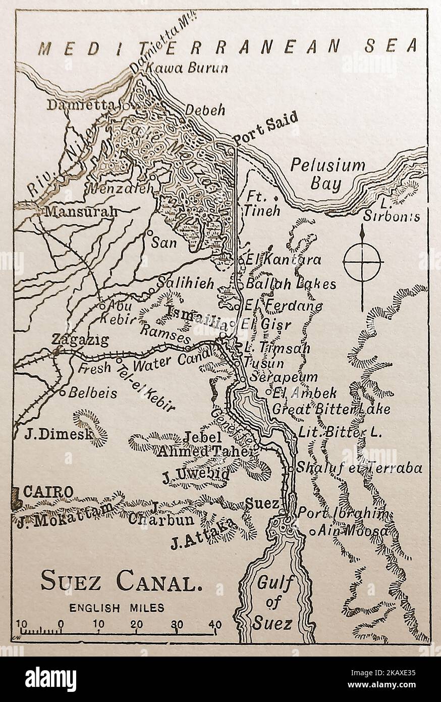 Eine Karte der Region Suezkanal aus dem Jahr 19.century. ---- خريطة أواخر القرن 19 لمنطقة قناة السويس. ---- Une carte de la fin du 19ème siècle de la région du Canal de Suez. --- um mapa do final do século XIX da Região do Canal do Suez. Stockfoto