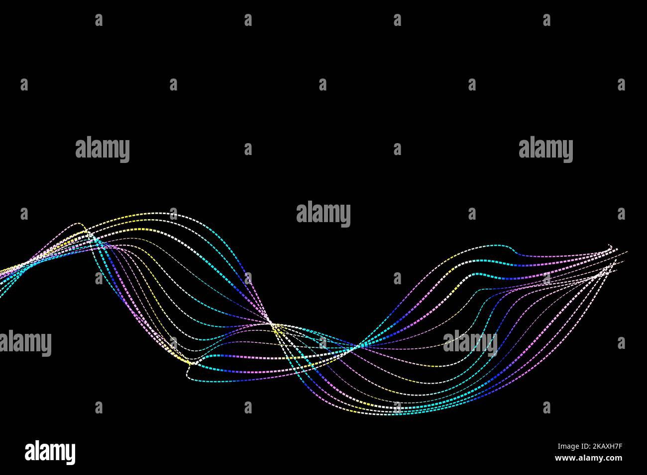 Eine 3D Darstellung von Regenbogenlinien auf schwarzem Hintergrund Stockfoto