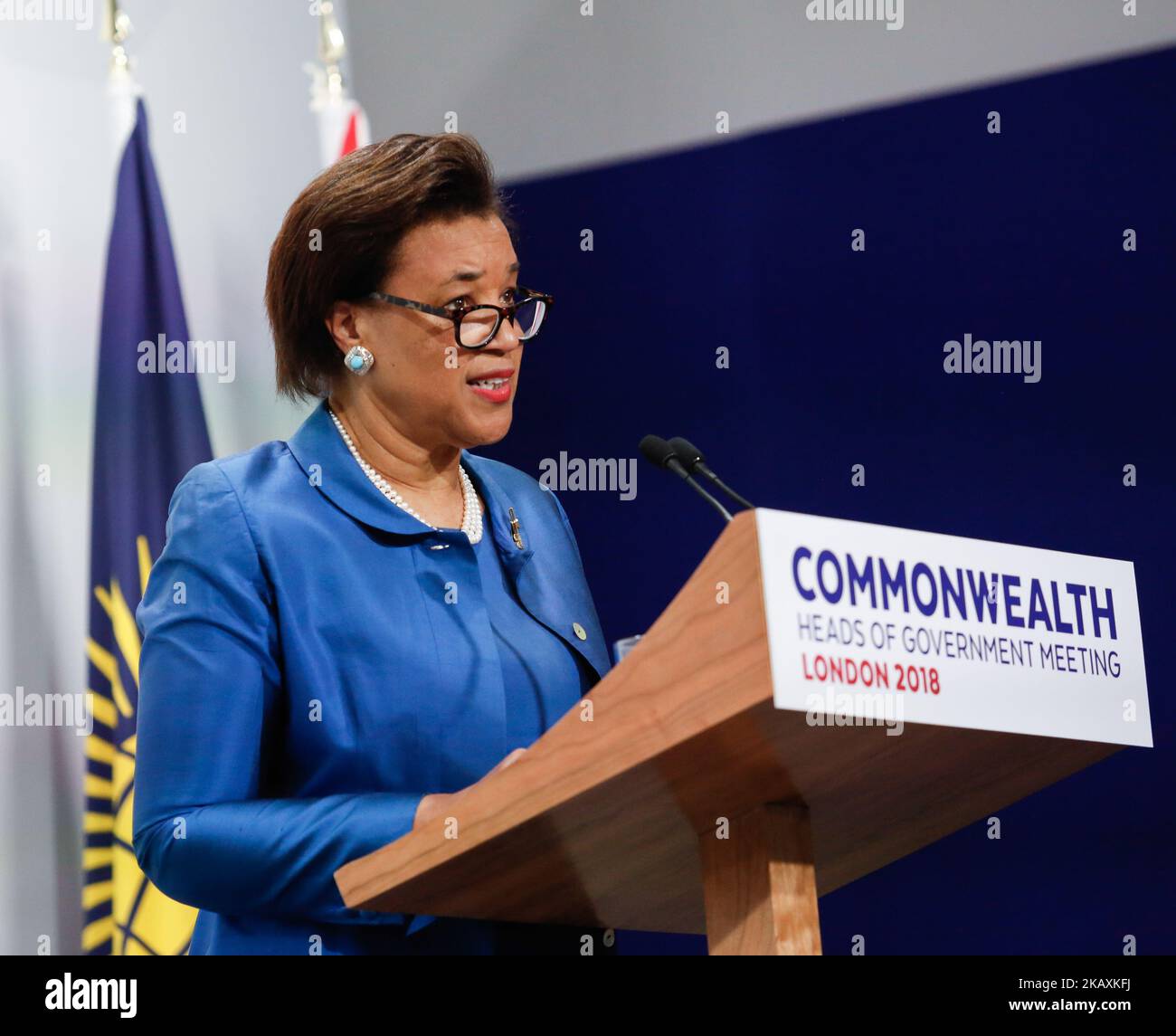 Patricia Scotland, Generalsekretärin des Commonwealth, gibt ihre letzten Bemerkungen auf der Abschlusspressekonferenz während des Commonwealth-Treffen der Regierungschefs am 20. April 2018 in London, England. (Foto von Dominika Zarzycka/NurPhoto) Stockfoto