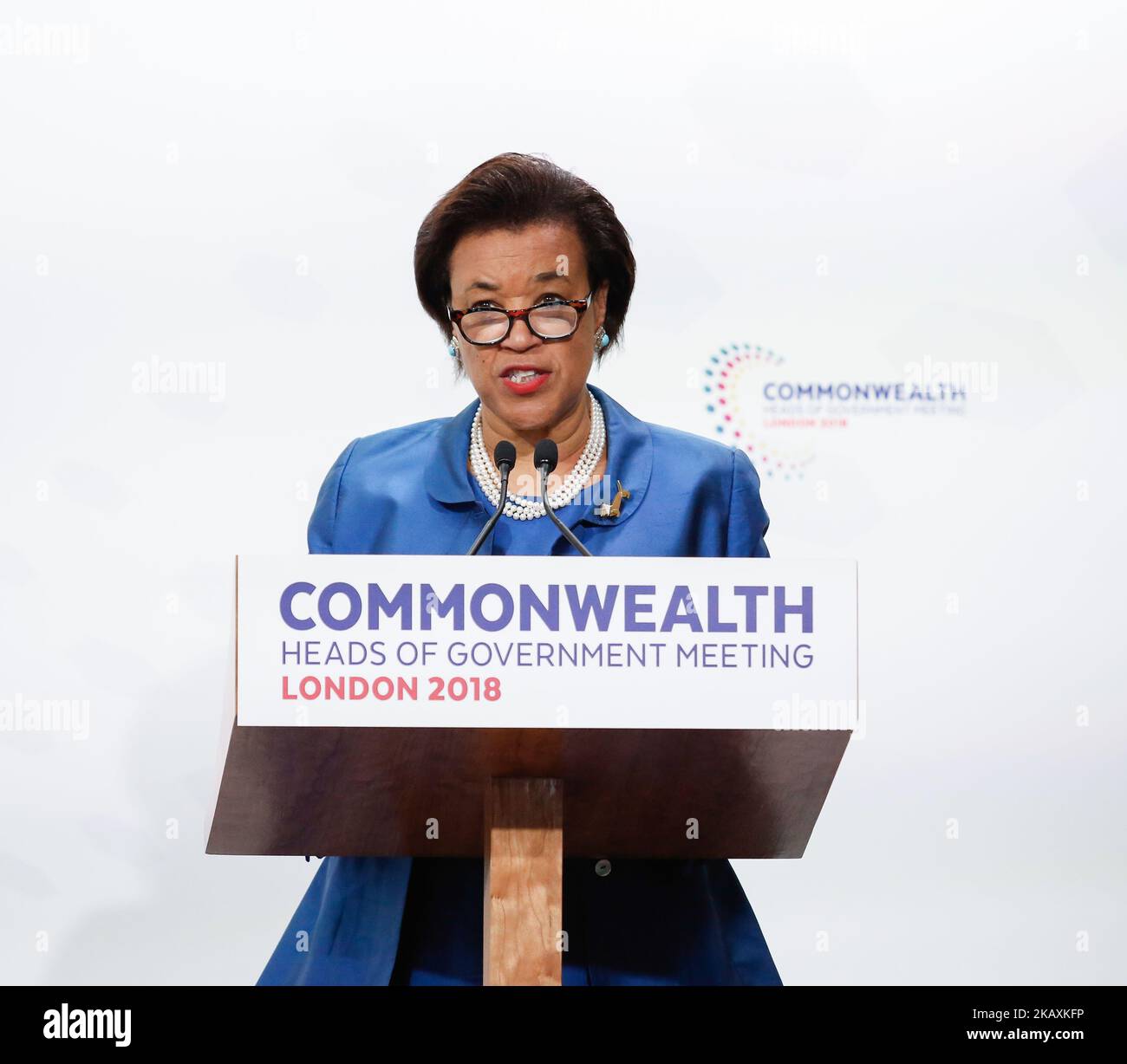 Patricia Scotland, Generalsekretärin des Commonwealth, gibt ihre letzten Bemerkungen auf der Abschlusspressekonferenz während des Commonwealth-Treffen der Regierungschefs am 20. April 2018 in London, England. (Foto von Dominika Zarzycka/NurPhoto) Stockfoto