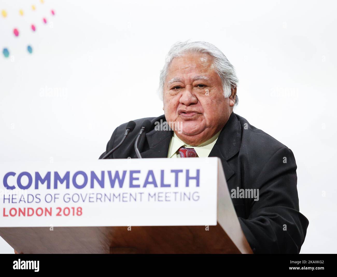 Tuilaepa Lupesoliai Malielagaoi, Premierminister von Samoa, gibt seine letzten Bemerkungen auf der Abschlusspressekonferenz während des Commonwealth-Treffen der Regierungschefs am 20. April 2018 in London, England, ab. (Foto von Dominika Zarzycka/NurPhoto) Stockfoto