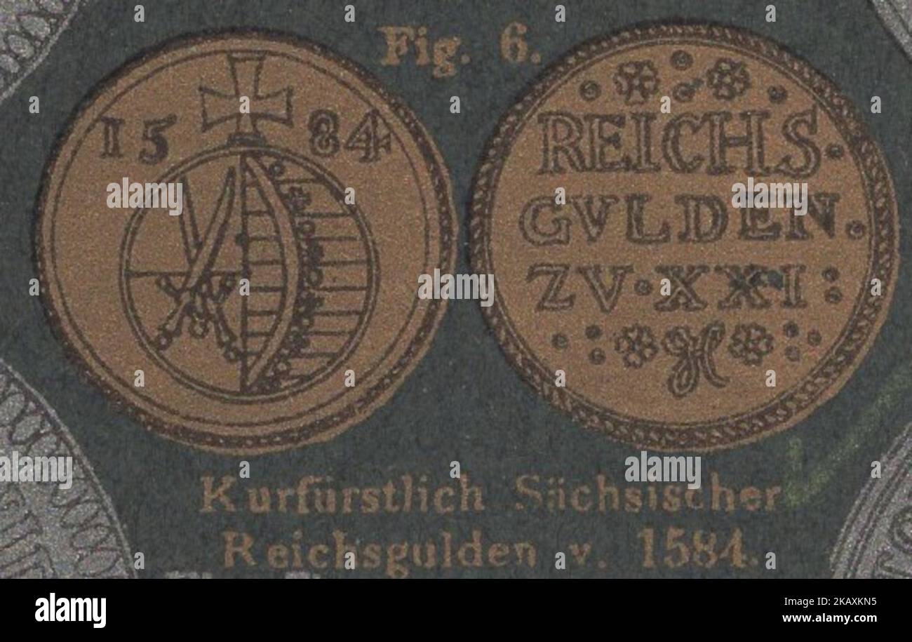 Antiker numismatischer illustrierter Katalog aus dem 19. Jahrhundert mit interessanten Drucktechniken / Antiker numismatischer illustrierter Katalog aus dem 19. Jahrhundert mit Interessanter Drucktechnik : Kurfürstlich Sächsischer Reichgulden von 1584 / Wahlsächsischer Kaisergulden aus 1584 / Kaiserblume Stockfoto