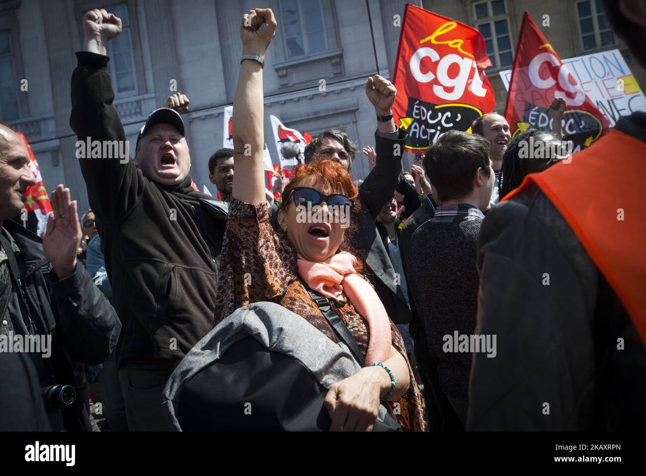 Kundgebung gegen die Reformen im Bildungswesen und die Privatisierung der Eisenbahn, die am 3. Mai 2018 in Paris, Frankreich, stattfand. (Foto von Guillaume Pinon/NurPhoto) Stockfoto