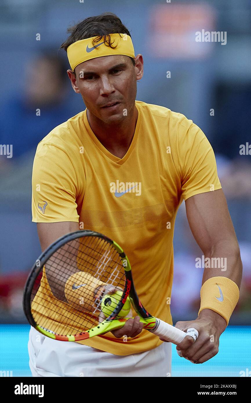 Rafael Nadal aus Spanien ist in seinem Spiel gegen den Argentinier Diego Schwartzman am sechsten Tag des Tennisturniers der Mutua Madrid Open am 10. Mai 2018 im Caja Magica in Madrid, Spanien (Foto: David Aliaga/NurPhoto) Stockfoto