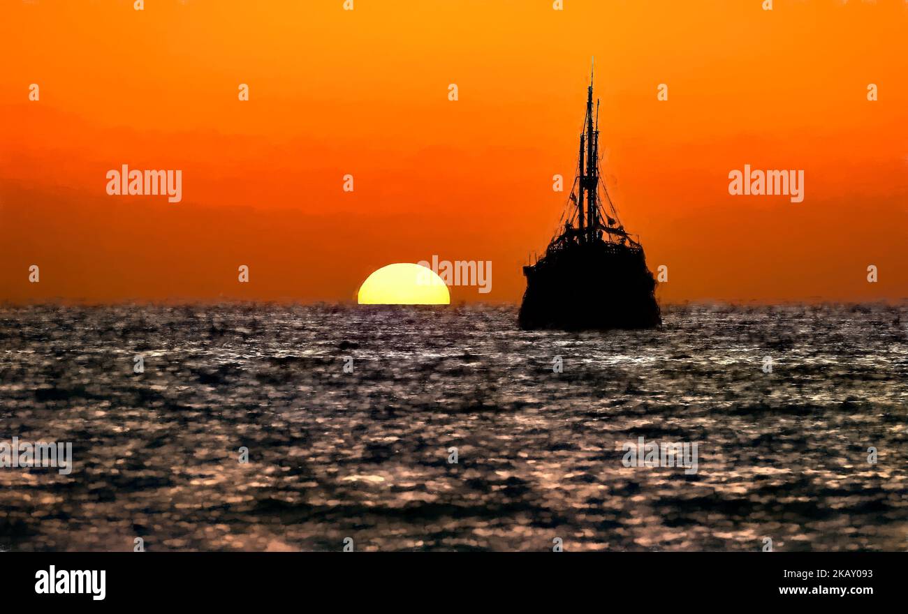 Eine Schiffssilhouette bei Sonnenuntergang im Gemälde-Illustrationsformat Stockfoto