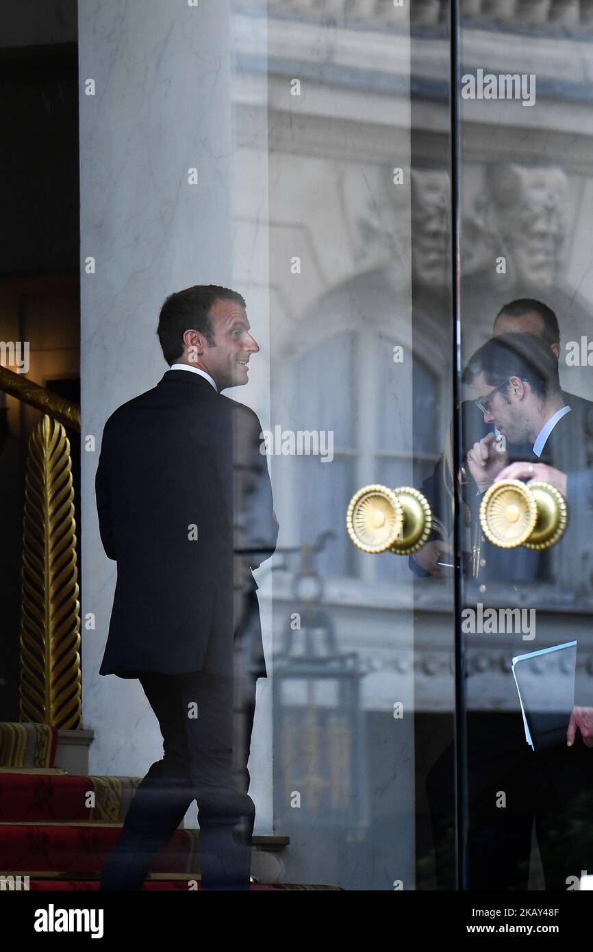 Der französische Präsident Emmanuel Macron empfing am 28. Mai 2018 den Präsidenten der Republik Angola, Joao Lourenco, im Elysée Palalce. (Foto: Julien Mattia/NurPhoto) Stockfoto