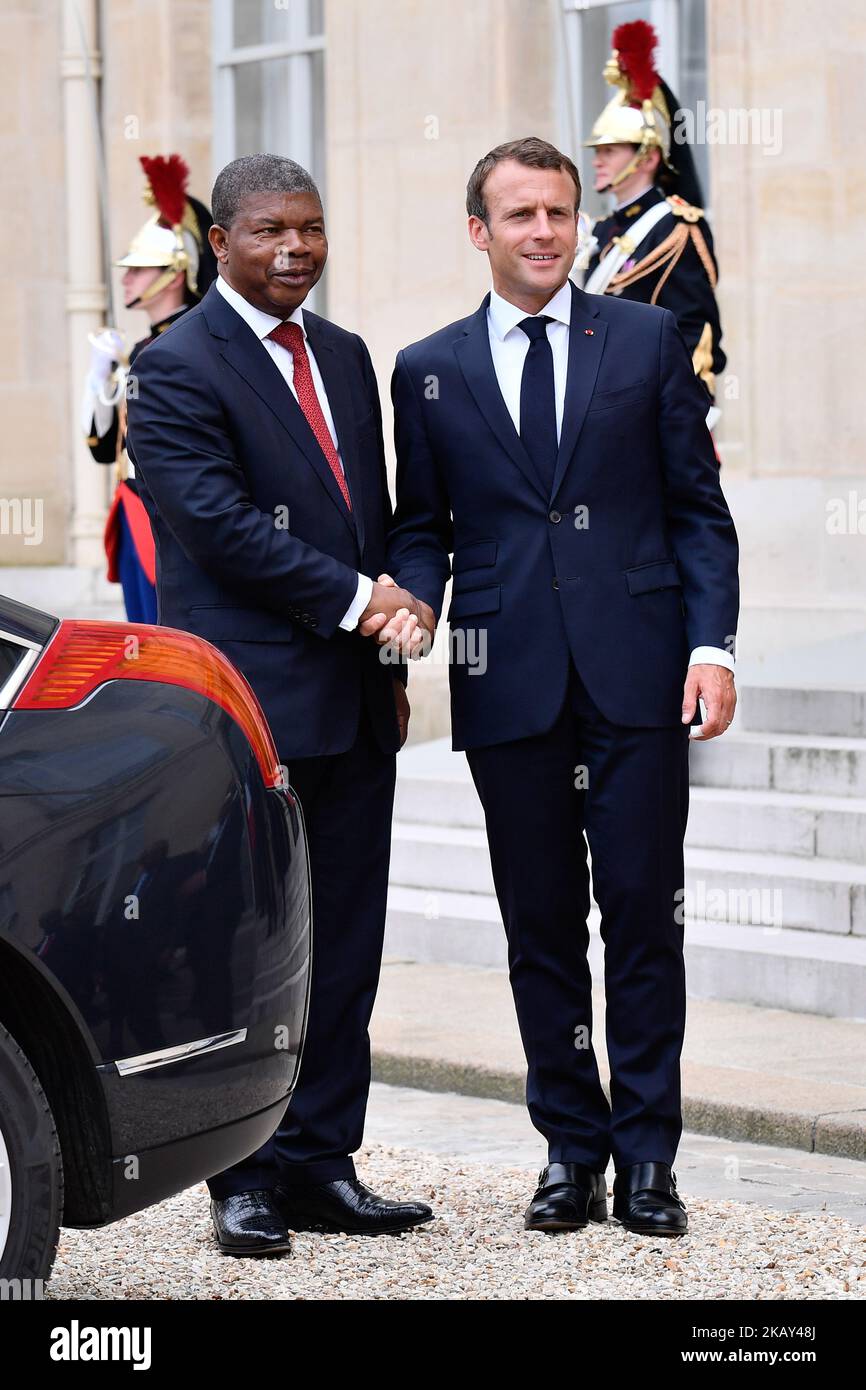 Der französische Präsident Emmanuel Macron empfing am 28. Mai 2018 den Präsidenten der Republik Angola, Joao Lourenco, im Elysée Palalce. (Foto: Julien Mattia/NurPhoto) Stockfoto